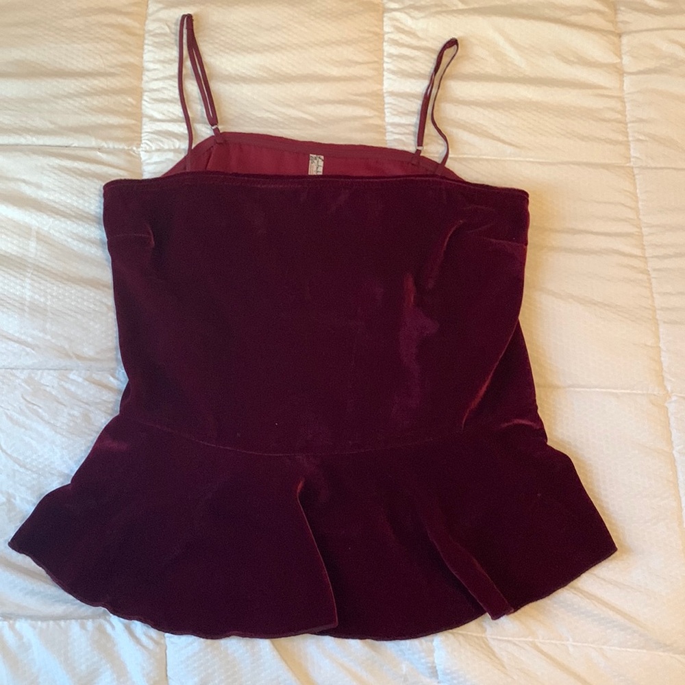 Burgundy velvet ruffle spaghetti strap